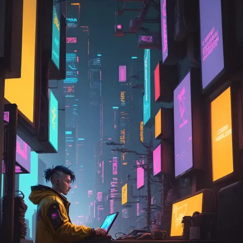 arafed man in yellow jacket using computer with multiple monitors, cyberpunk art style, cyberpunk hacker, in cyberpunk style, cyberpunk dude, cyberpunk vibes, cyberpunk themed art, cyberpunk art, cyber style, has cyberpunk style, cyberpunk illustration, ad...