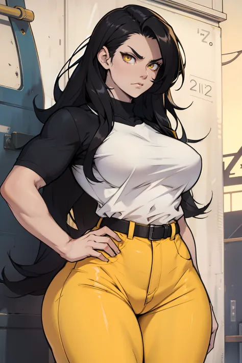 1girl muscular black hair very long hair yellow eyes pale skin angry tight shirt pants thick thighs wide hips perky breasts