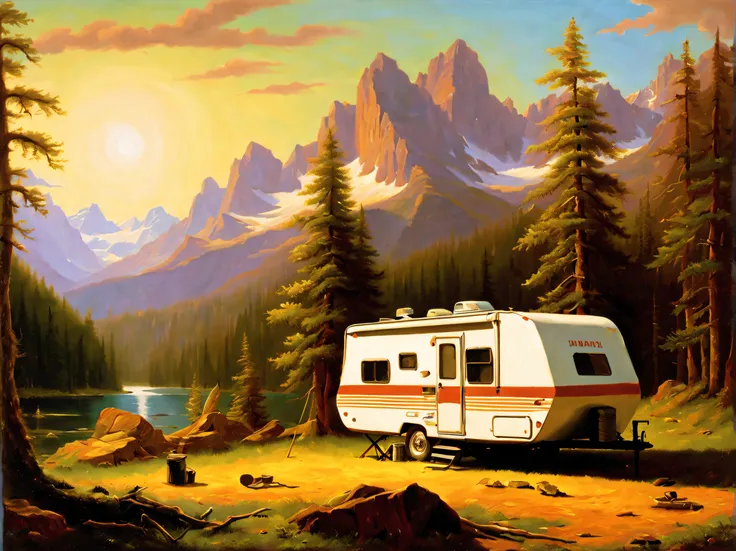 RV camping，Pop art，Albert Bierstadt，Great outdoor activities，Close-up shot，prime time，