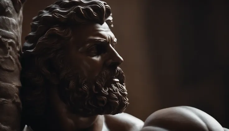 close up of a statue of a man with a beard, a statue inspired by Exekias, featured on zbrush central, digital art, statue of hercules looking angry, muscular character, realistic 8k bernini sculpture