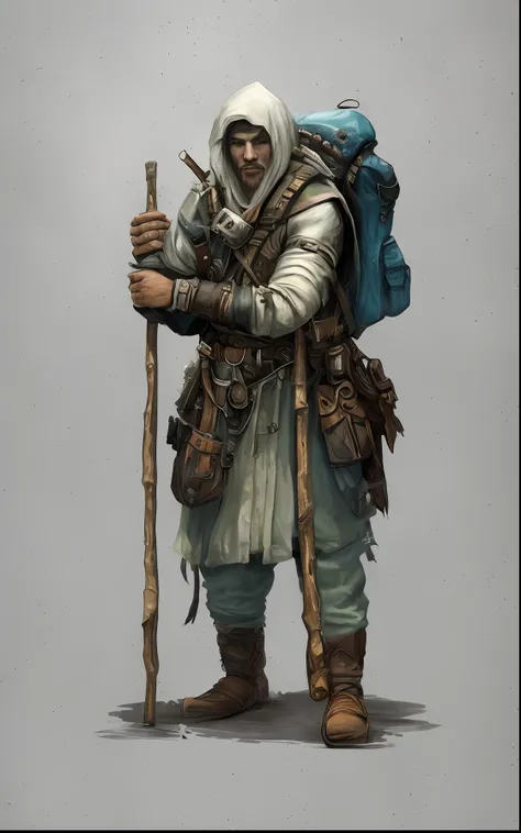 a drawing of a man with a backpack and a stick, inspired by Tuomas Korpi, character design from d & d, portrait of an adventurer, great character design, inspired by Johannes Helgeson, rpg character concept art, inspired by Ásgrímur Jónsson, rpg character ...