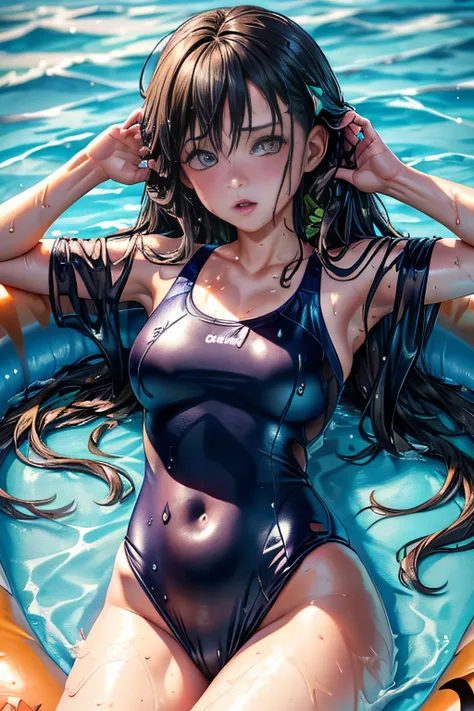 Girl lying in a big inflatable pool，16 ans，Realstic，(((swimsuit swimming halloween)))，Montrant par inadvertance le nombril，(((wet body: 1.4, wet hair: 1.4))), cheveux bruns。