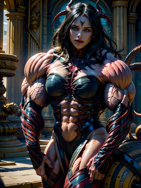 (carnage:1.5),(beautiful female model:1.5), (demoness with Large horns:1.25),(1 super muscular succubus with flayed skin:1.5), (covered in thick muscle suit:1.5), (exposed perfect anatomy:1.5), high detail, best quality, masterpiece, finely detail, realist...