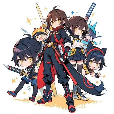 Character similar to the protagonist touta of uqholder with the art style of the game megaman zero with a mechanical arm holding a katana with yellow details, The character has medium-sized dark hair and yellow eyes, usa uma roupa semelhante ao modelo ZX d...