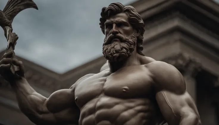 close up of a statue of a man with a beard, a statue inspired by Exekias, featured on zbrush central, digital art, statue of hercules looking angry, muscular character, realistic 8k bernini sculpture