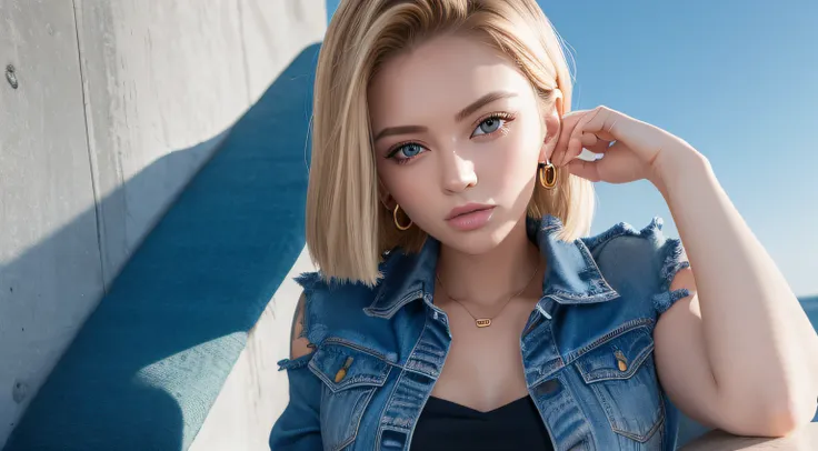 (masterpiece, best quality), 1girll, beautiful face, beautiful body, android18, earrings, denim, belt