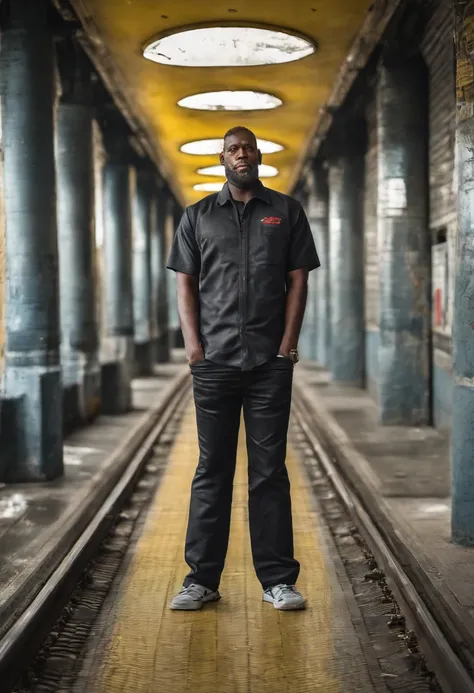 homem negro, trinta anos, um metro e setenta, com 120 kilos, sad face expression, sedentary, standingn, vestido com camisa vermelha, bermuda amarela, fundo praia