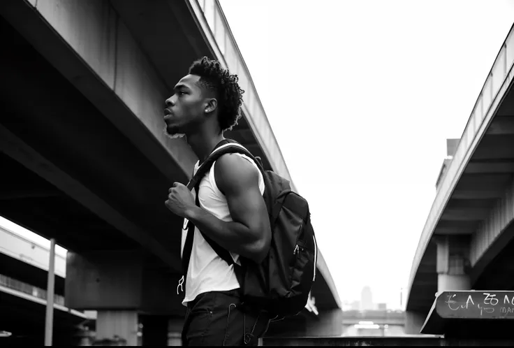 there is a man with a backpack standing under a bridge, a man wearing a backpack, with a backpack, the man have a backpack, shot on sony a 7, grainy monochrome photo, on the streets, photo in style of tyler mitchell, exploration, man walking through city, ...