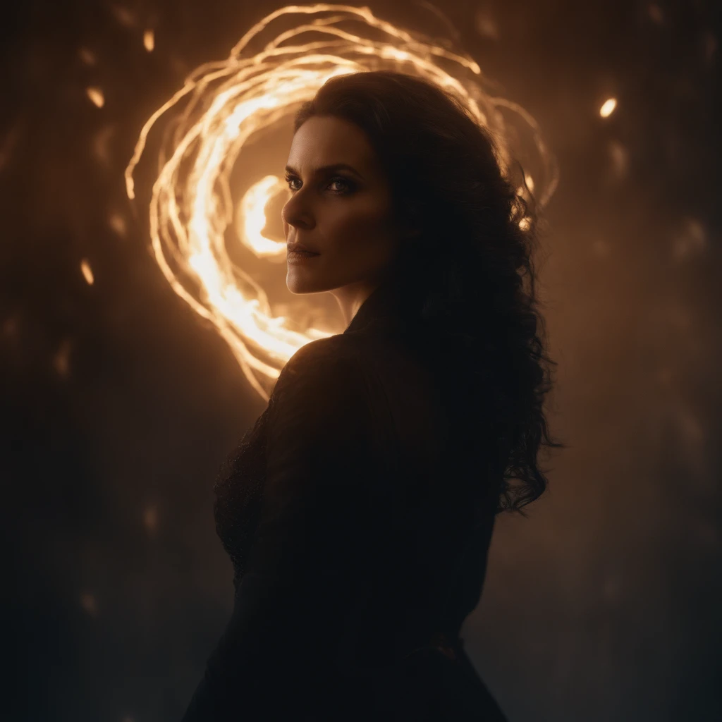 A burst of magical energy erupts, forming a swirling vortex. Shadowy silhouettes of Yennefer facing camera emerging from the vortex, casting powerful spells.