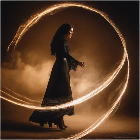 A burst of magical energy erupts, forming a swirling vortex. Shadowy silhouettes of Yennefer facing camera emerging from the vortex, casting powerful spells.