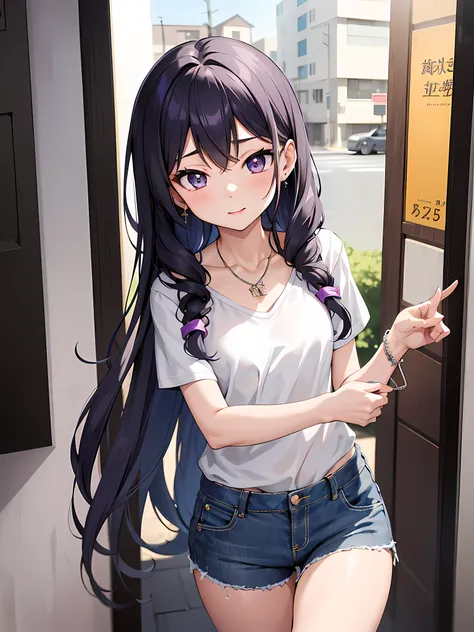 Anime-style image of Yui, a 17-year-old with a blend of adorable and sultry vibes. Her athletic frame, soft skin, and tight spiral-ringlet raven-black hair with shades of blue and purple showcase her youthful beauty. Her captivating hazel eyes, wearing a p...