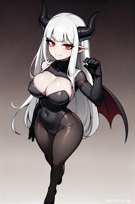 Detailed face, 4k, high resolution, Highly detailed, Full body, Breasts, A beautiful pale-skinned vampire, dark make-up, Bright red eyes, In a dark and gloomy environment, white long hair, Demon black horn, Detailed Eyes, Bat wings, Nun clothes