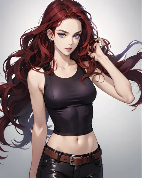 a cool，20th generation female，long dark red wavy hair，Leather Tight Pants，a belt，Navel Ejection，dark purple tank top，glareing，With keen eyes，Realistic illustration girl、Parted lips、see the beholder、realisitic，20-year-old beauty，a cool，ice blue eyes，length ...