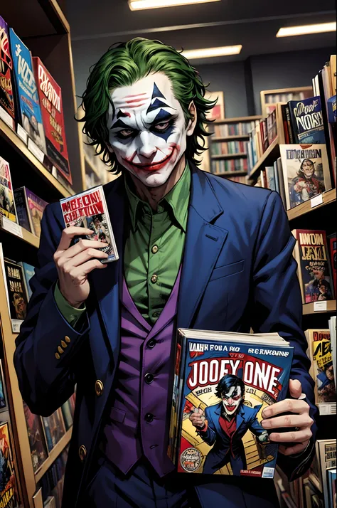 Joker holding the American comic book on the cover with great care、bookstore、DC COMICS、