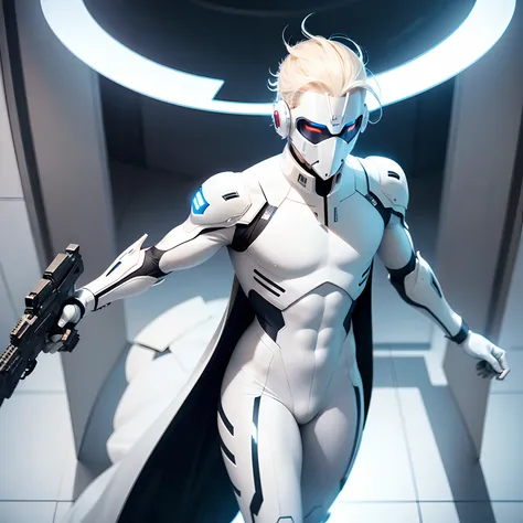 (futuristic, sci fi)Male in all white body suit, blonde hair, white gaunlets, full body suit, hands visible, hair visible, pale skin, beautiful face, masterpiece, white futuristic mask covering mouth, eyes visible, evil intent, weapon in hand, soldiers in ...