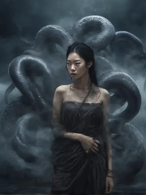 (masterpiece), scary, dark, spooky, underwater foggy liquid swirling void, best quality, front view, demonic, asian 18 yo teenage girl liu wen, shaved eyebrows, with large black ram horns, nude, a large serpent and slimy tentacles wrapped around her should...