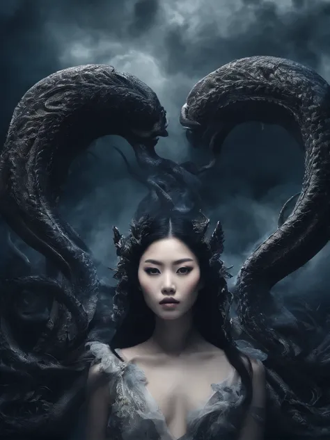 (masterpiece), scary, dark, spooky, underwater foggy liquid swirling void, best quality, front view, demonic, asian 18 yo teenage girl liu wen, shaved eyebrows, with large black ram horns, nude, a large serpent and slimy tentacles wrapped around her should...