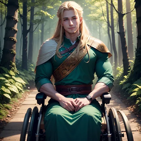 background in the forest, named is Da,1boy, (man), anime, extremely detailed, hyper detailed, (broad shoulders), (PERFECT FACE), illustration, soft lighting, 3d, detailed eyes, blonde hair, long hair, teal eyes, Sit in a wooden wheelchair, wearing is tunic...