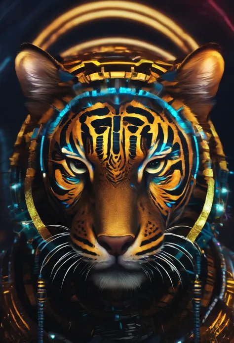 tigre，cyber punk perssonage，orthofacial，Glaring，Colorful，totem