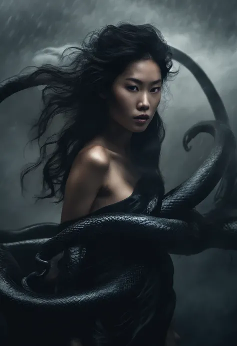 (masterpiece), scary, dark, spooky, underwater foggy liquid swirling void, best quality, front view, demonic, asian 18 yo teenage girl liu wen, shaved eyebrows, with large black ram horns, nude, a large serpent and slimy tentacles wrapped around her should...