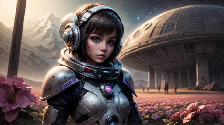 "A detailed painting of an alien girl dressed in close-up dressed as a space ranger, explorando un paisaje extraterrestre adornado con vibrantes, Flores de otro mundo. The Wonderland of Science Fiction, Imaginativo, Aventura espacial."