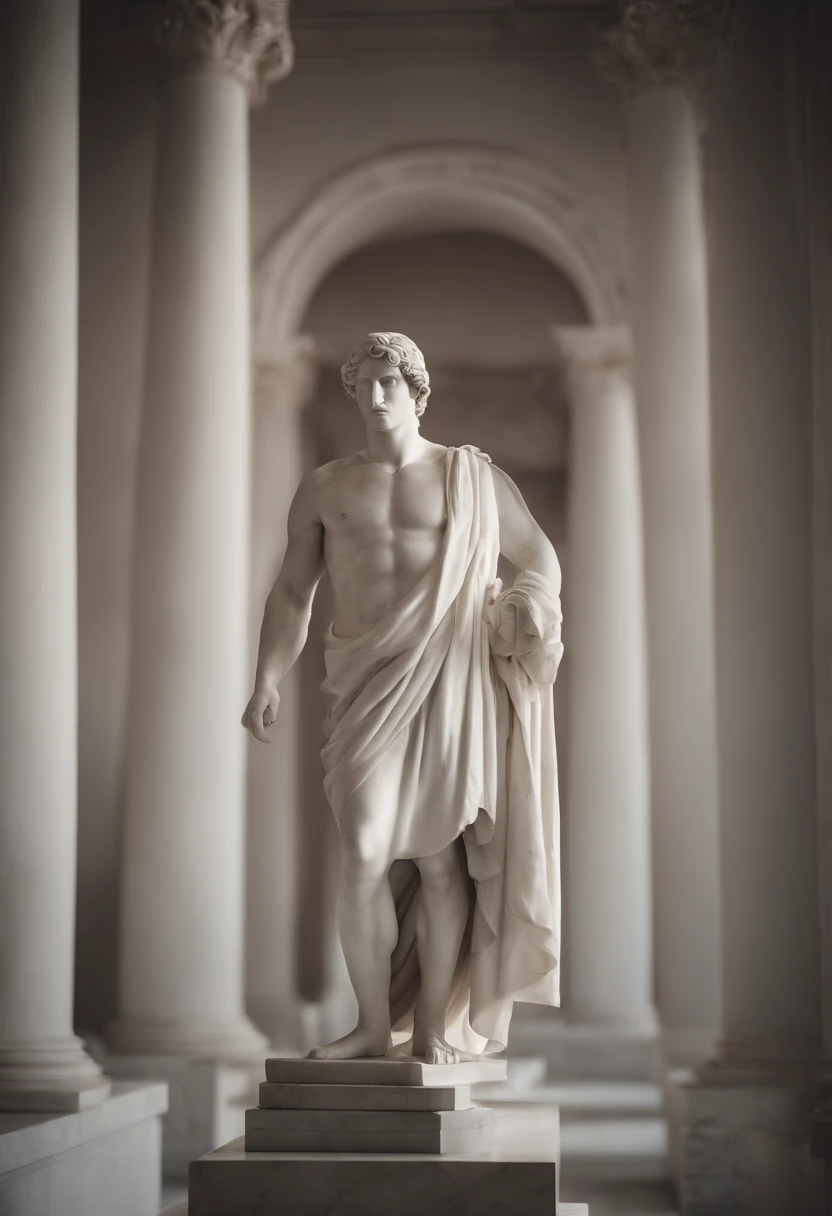 A Realistic White Marble Greek Statue of Alexander, the Great Man wearing a ghostly toga, fundo neutro, Moody, stoic, fotorrealista, cinematographic scene, super detalhado, hyper realistic, luzes brilhantes, 8 mil --auto --s2