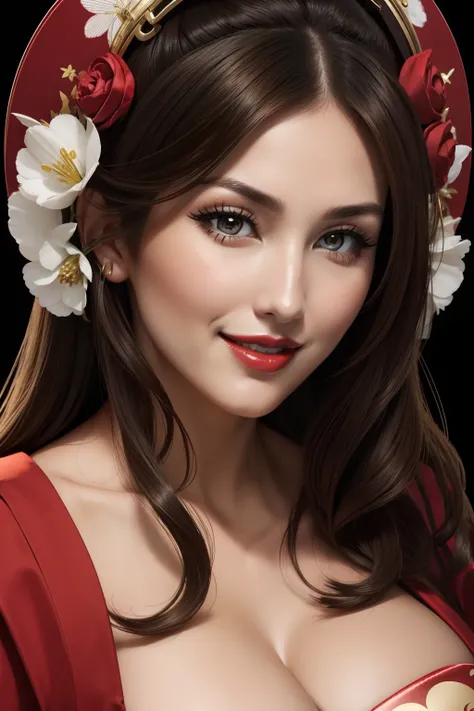 lucy pinder, face portrait, smiling, cleavage, red lipstick, geisha, geisha makeup