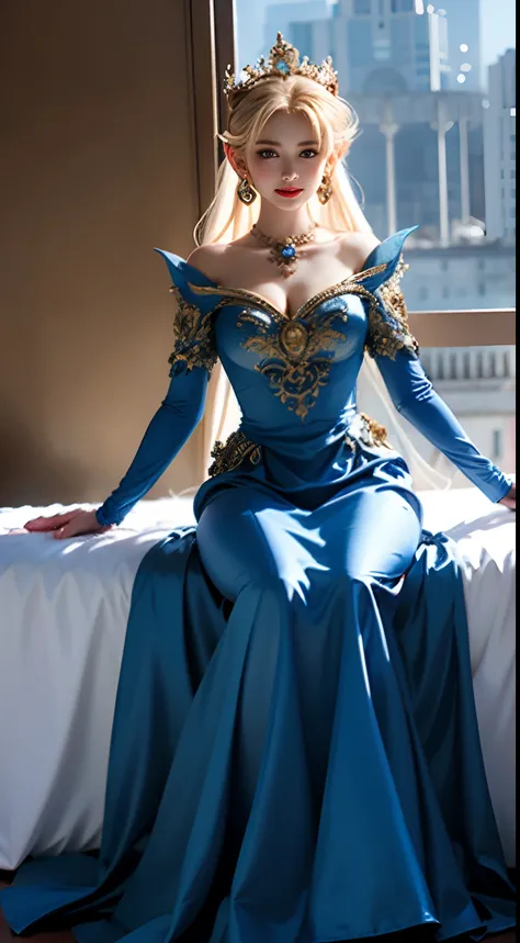 arafed woman in a blue dress sitting on a bed, ornate cosplay, a beautiful fantasy empress, ((a beautiful fantasy empress)), elegant glamourous cosplay, beautiful and elegant elf queen, glamourous cosplay, by Yang J, full body xianxia, ig model | artgerm, ...