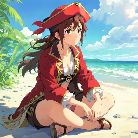 girl, brown hair, (red pirate hat:1.5), red pirate jacket, sit on beach and look into the distance