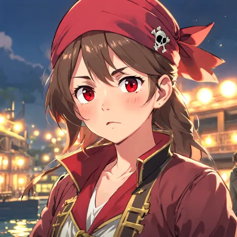 A sad woman, sad eyes, is crying, terrified expression, brown hair, (red pirate hat:1.5), red pirate jacket,