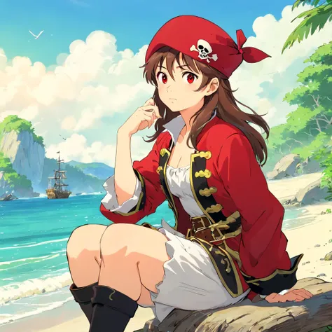 girl, brown hair, (red pirate hat:1.5), red pirate jacket, sit on beach and look into the distance