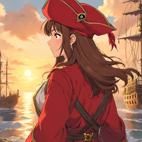 woman, brown hair, (red pirate hat:1.5), red pirate jacket, looking into distance, back view