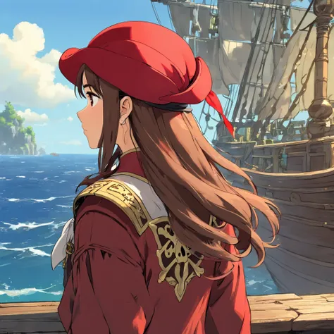 woman, brown hair, (red pirate hat:1.5), red pirate jacket, looking into distance, back view