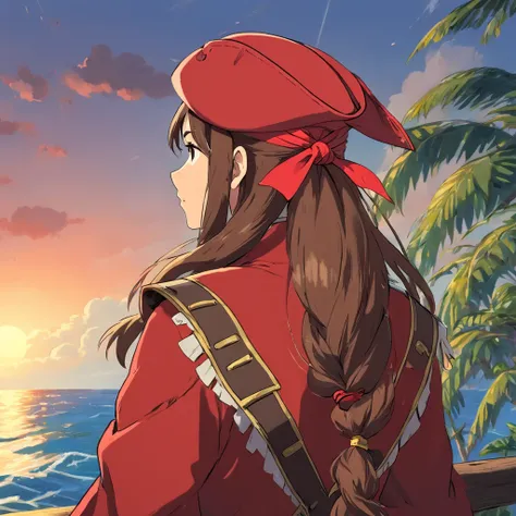 woman, brown hair, (red pirate hat:1.5), red pirate jacket, looking into distance, back view