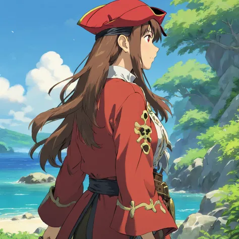 woman, brown hair, (red pirate hat:1.5), red pirate jacket, looking into distance, back view