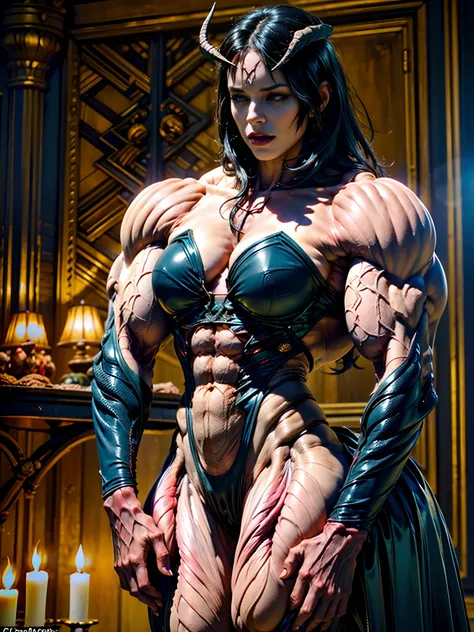 (carnage:1.5),(beautiful female model:1.5), (demoness with Large horns:1.25),(1 super muscular succubus with flayed skin:1.5), (covered in thick muscle suit:1.5), (exposed perfect anatomy:1.5), high detail, best quality, masterpiece, finely detail, realist...