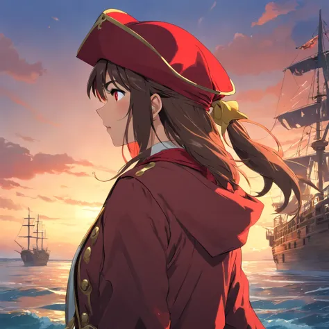 woman, brown hair, (red pirate hat:1.5), red pirate jacket, looking into distance, back view