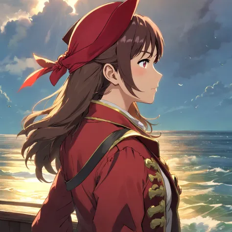 woman, brown hair, (red pirate hat:1.5), red pirate jacket, looking into distance, back view