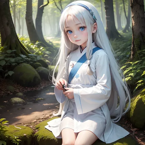 In the background in the forest, a beautiful girl name is May, 8-year-old girl with blue eyes, long white hair, wearing a white tunic, On the waist there is a small bag, Mischievous face