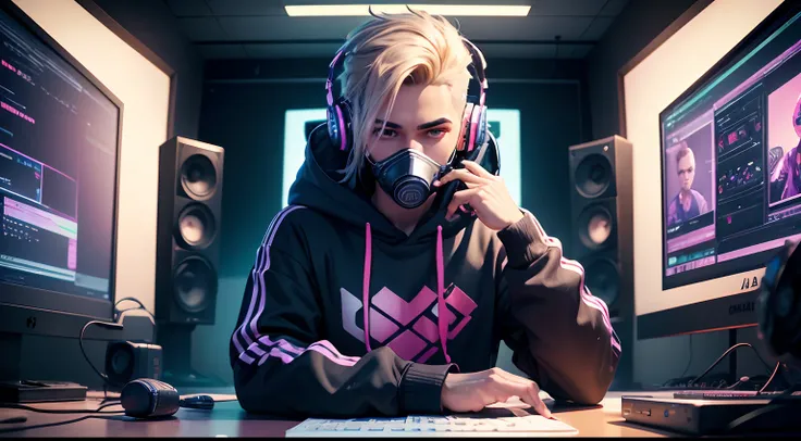 cartoon of a man in a realsitic awesome hoodie sitting at a desk with a microphone, discord profile picture, cyber aesthetic, the encrypted metaverse, art depicting control freak, background artwork, vaporwave cartoon, rapping into microphone, 2d illustrat...