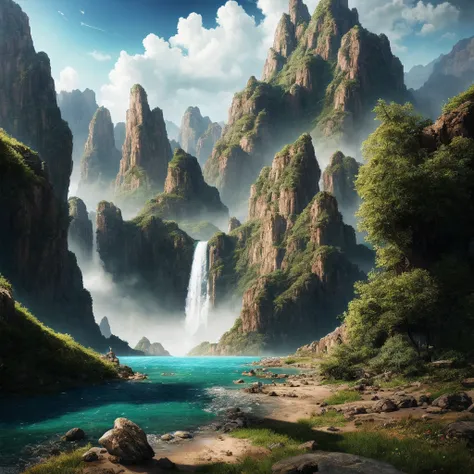 masterpiece, best quality, high quality, extremely detailed CG unity 8k wallpaper, scenery, outdoors, sky, cloud, day, no humans, mountain, landscape, water, tree, blue sky, waterfall, cliff, nature, lake, river, cloudy sky,award winning photography, Bokeh...