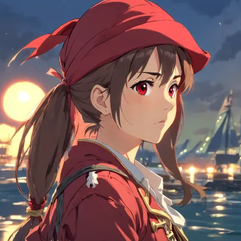 woman, brown hair, (red pirate hat:1.5), red pirate jacket, sad face, side view, pigtail