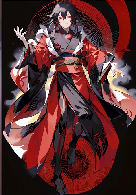 (Masterpiece, best quality: 1.2), (Super detailed), (Illustration),detailed face, anime character dress in japanese style, male japanese demon, youkai, onmyoji, onmyoji arena, kimono, fullbody,anime full body illustration, full body with costume, kimono ja...