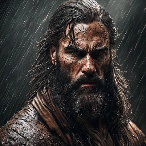 (Cinematic Photo:1.3) of (Ultra detailed:1.3) photo of the most beautiful artwork in the world featuring soft lustrous, ((epic heroic fantasy muscular rugged wet wounded hero man angry looking with long hair and long beard and fierce looking in a dynamic p...