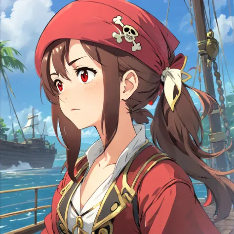 woman, brown hair, (red pirate hat:1.5), red pirate jacket, sad face, side view, pigtail