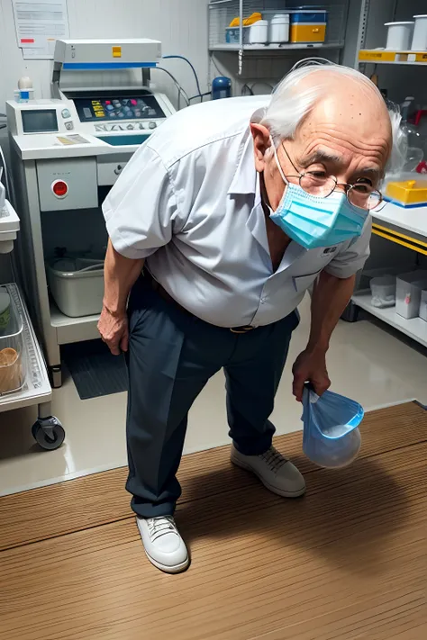 75-year-old grandfather、Investigador con bata blanca、apariencia々Escena de un laboratorio con equipos、Small, short figure、