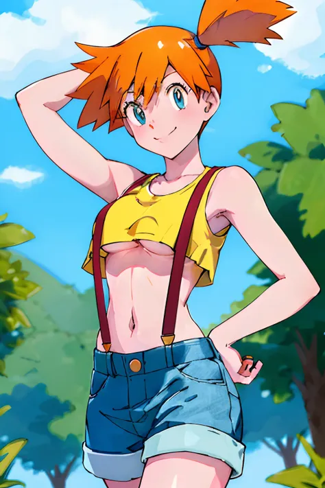 masterpiece, best quality, highres, 1girl, misty (pokemon), orange hair, solo, shorts, suspenders, side ponytail, orange hair, m...