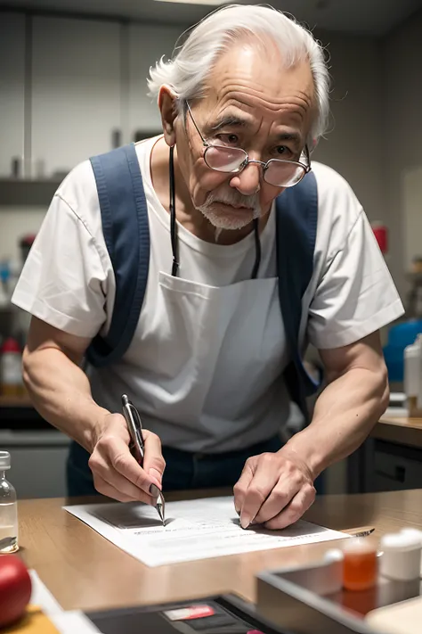 75-year-old grandfather、Investigador con bata blanca、apariencia々Escena de un laboratorio con equipos、Small, short figure、