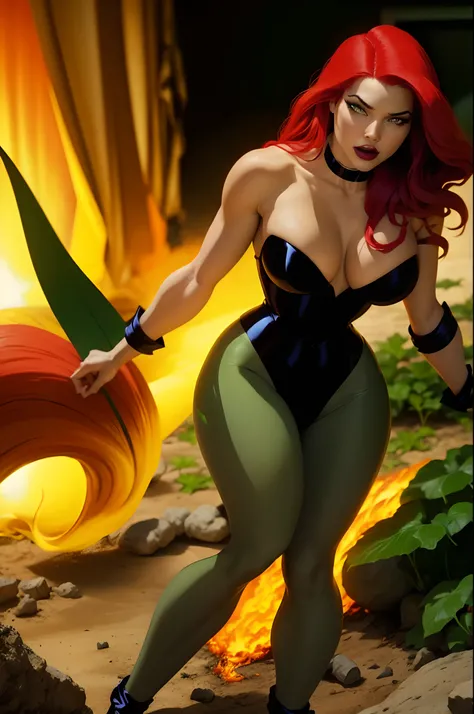 Poison ivy dc comics e Arlequina dc comics, Backgroud there is a huge carnivorous plant and the burning ground, detailed, high definicion, obra prima