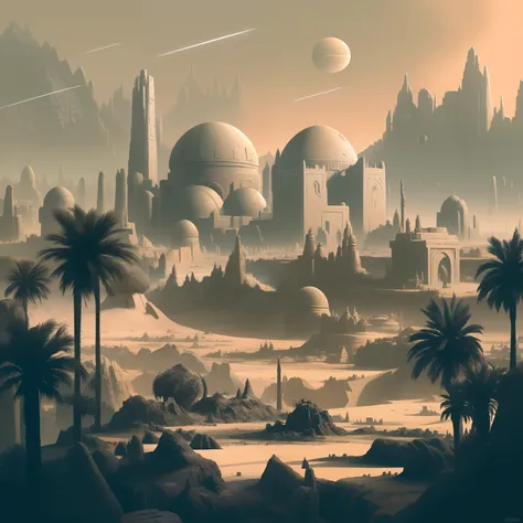 arafed view of a city with a spaceship flying over it, ancient sci - fi city, andreas rocha style, desert city, dune city and temples of arrakis, imperial city in the distance, in fantasy sci - fi city, city in desert, holy city | illustration, inspired by...